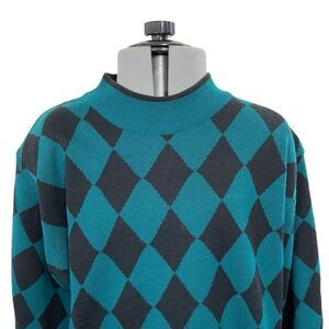 Vintage Adolfo Collectibles Teal and Black Sweater Size Med Shoulder Pads Tunic